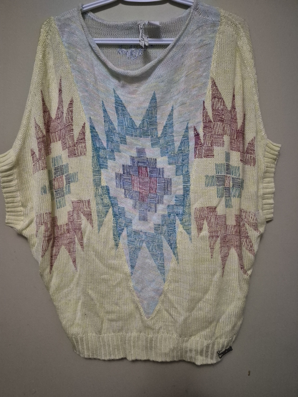 Desigual Cream Scoop-Neck Sweater with Blue and Pink Aztec Motif